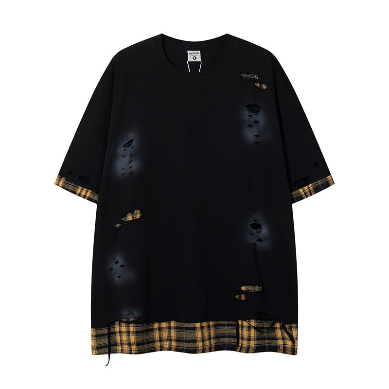 Series Street Trend Fake Two-Piece Plaid Short Sleeve T-Shirt for Men