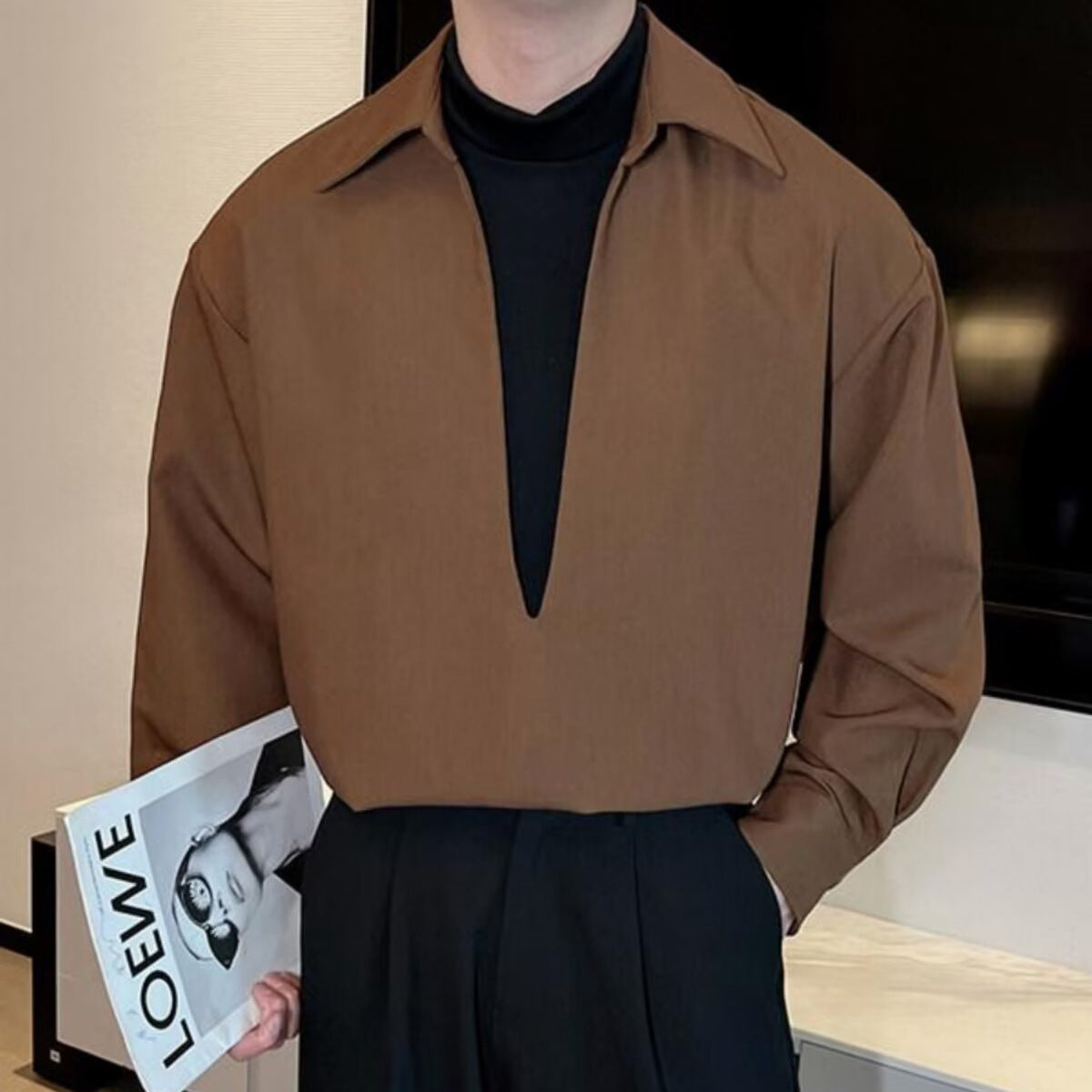 Fake two piece men's long sleeved patchwork V-neck shirt