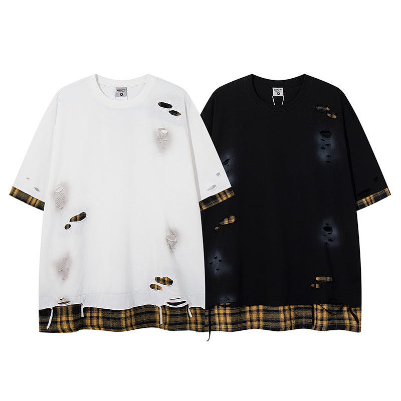 Series Street Trend Fake Two-Piece Plaid Short Sleeve T-Shirt for Men