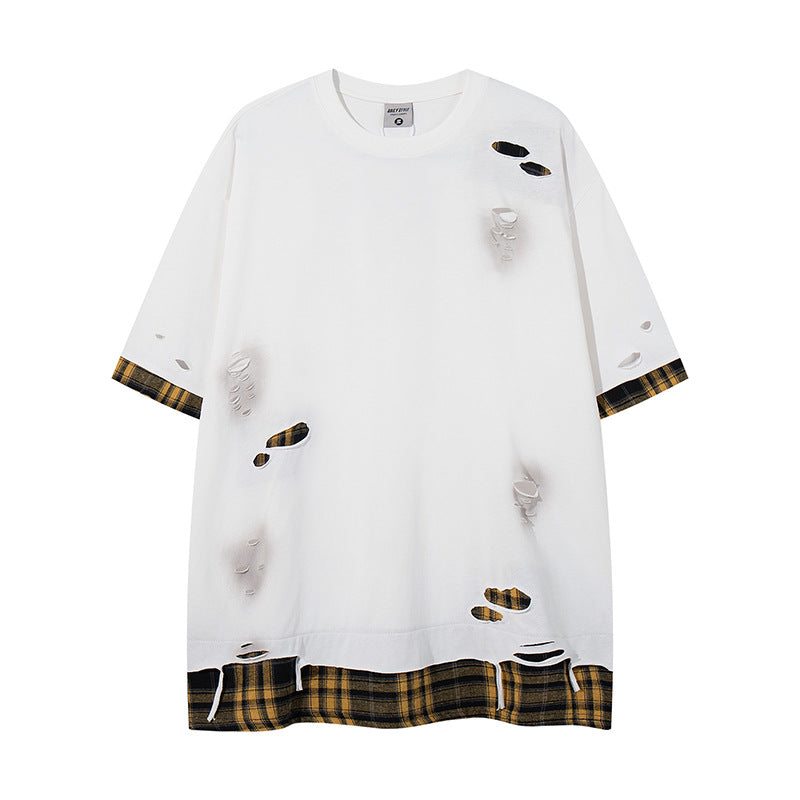 Series Street Trend Fake Two-Piece Plaid Short Sleeve T-Shirt for Men