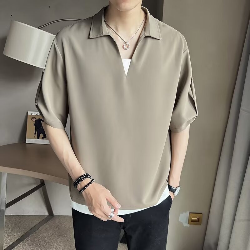High end V-neck polo shirt for men's summer short sleeved shirt