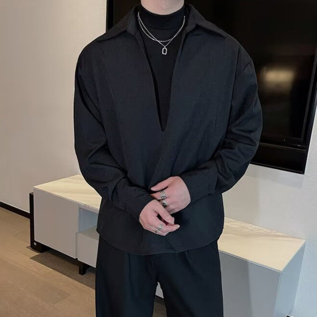 Fake two piece men's long sleeved patchwork V-neck shirt