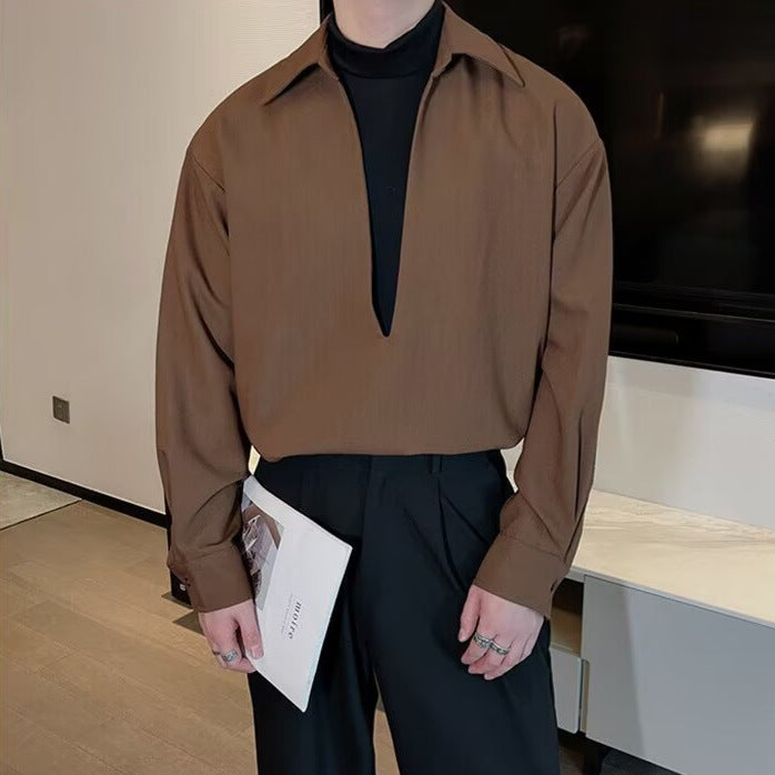 Fake two piece men's long sleeved patchwork V-neck shirt