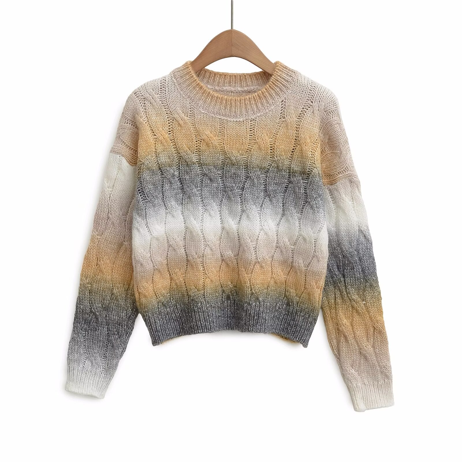 Women's Fashion Gradient Color Round Neck Cable Knit Sweater