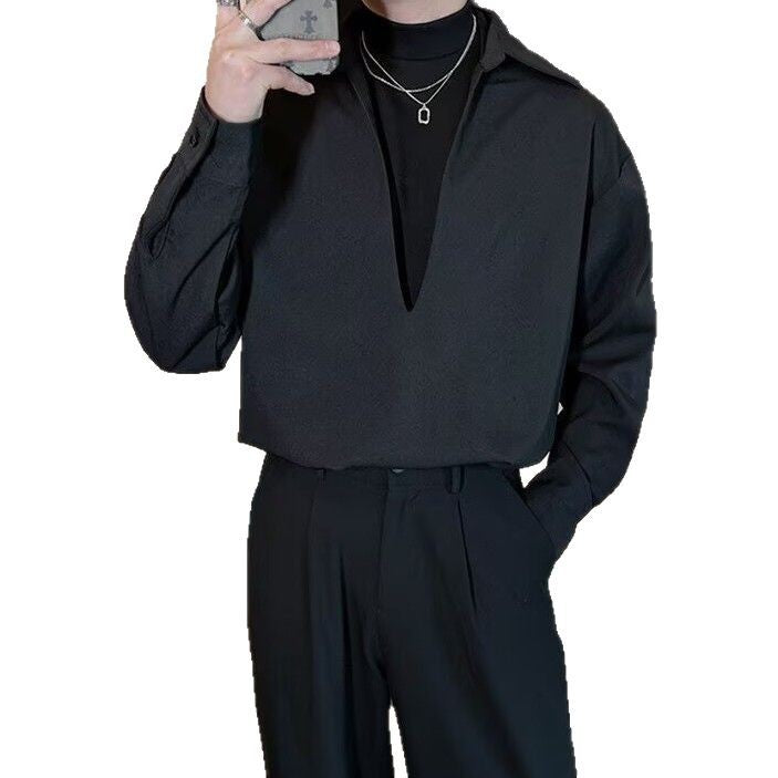 Fake two piece men's long sleeved patchwork V-neck shirt