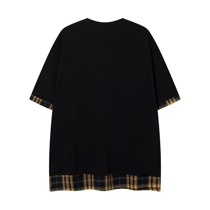 Series Street Trend Fake Two-Piece Plaid Short Sleeve T-Shirt for Men