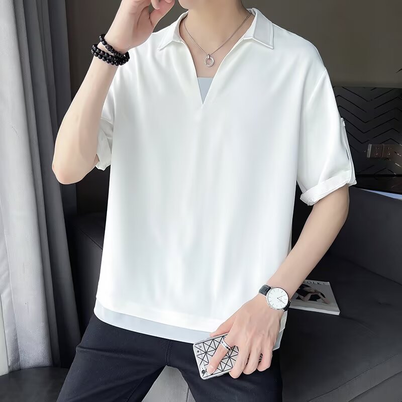 High end V-neck polo shirt for men's summer short sleeved shirt