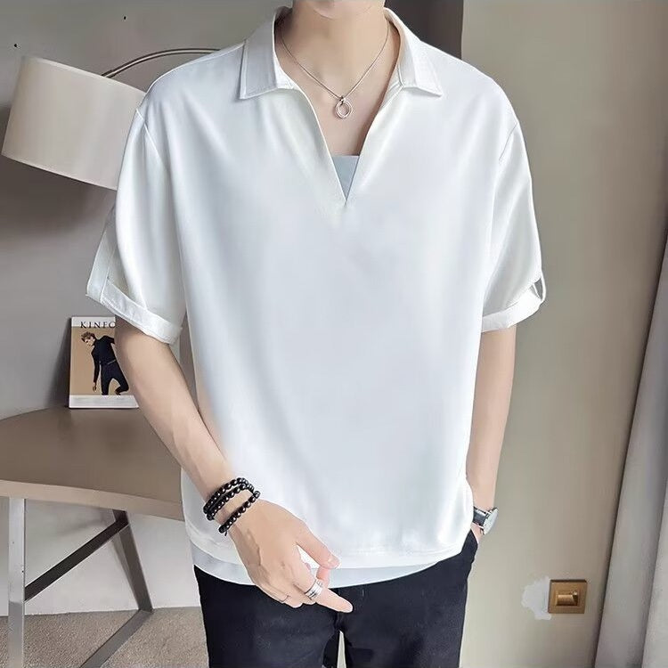 High end V-neck polo shirt for men's summer short sleeved shirt