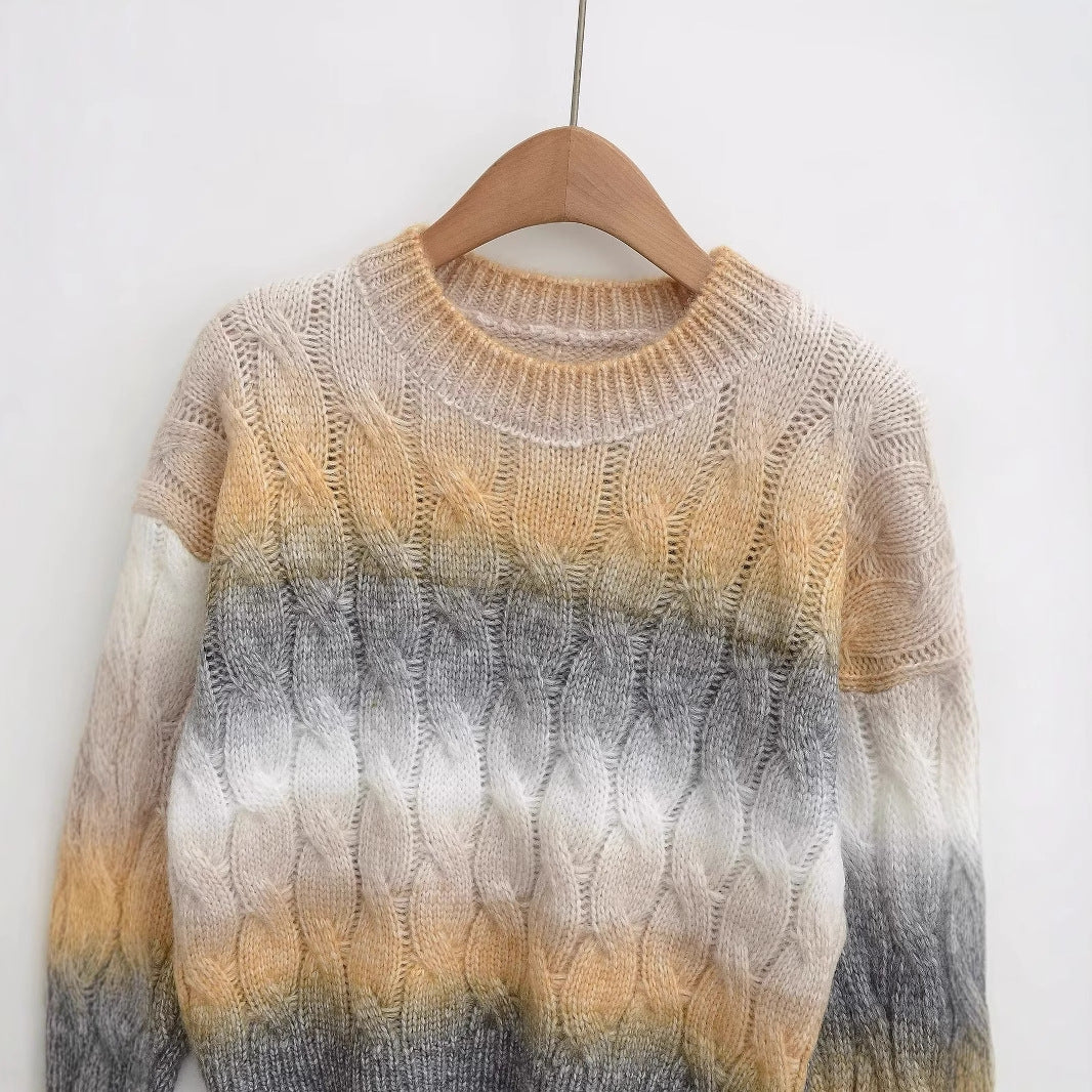 Women's Fashion Gradient Color Round Neck Cable Knit Sweater