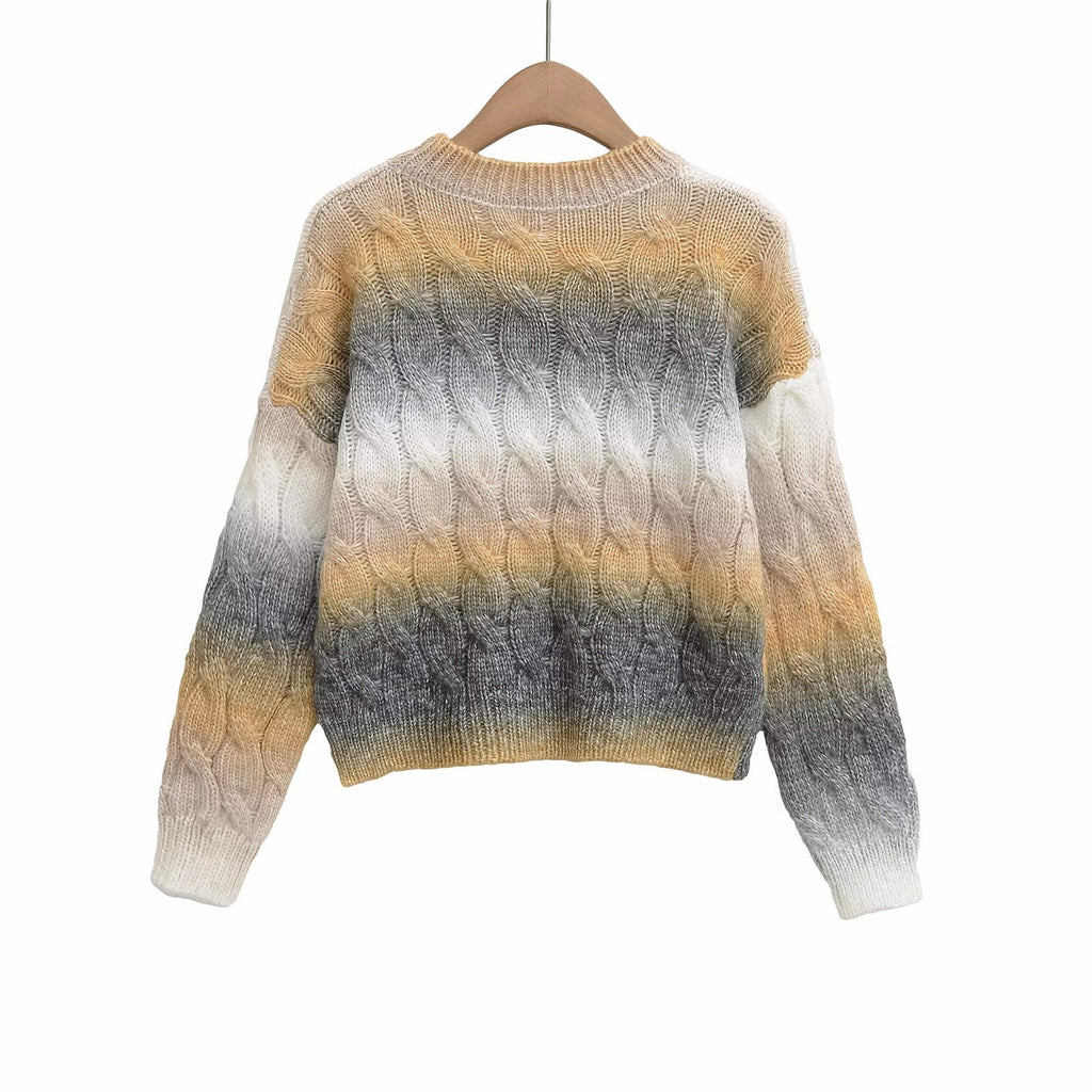 Women's Fashion Gradient Color Round Neck Cable Knit Sweater