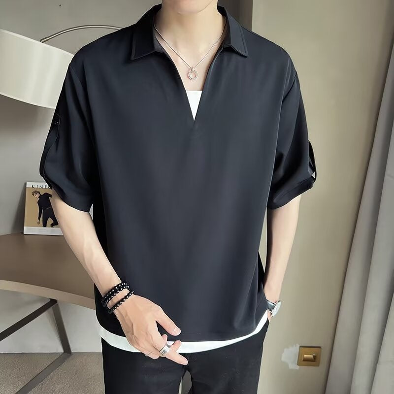 High end V-neck polo shirt for men's summer short sleeved shirt