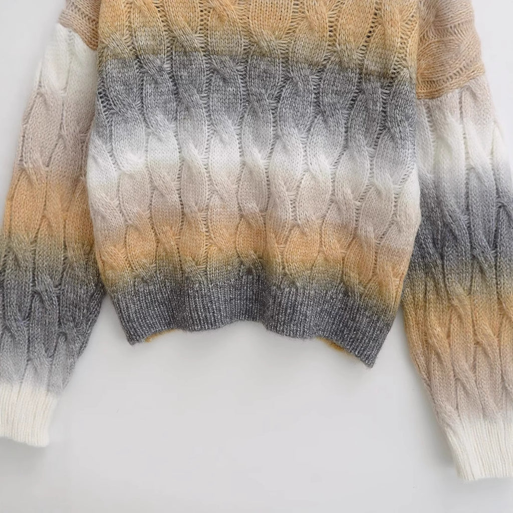 Women's Fashion Gradient Color Round Neck Cable Knit Sweater