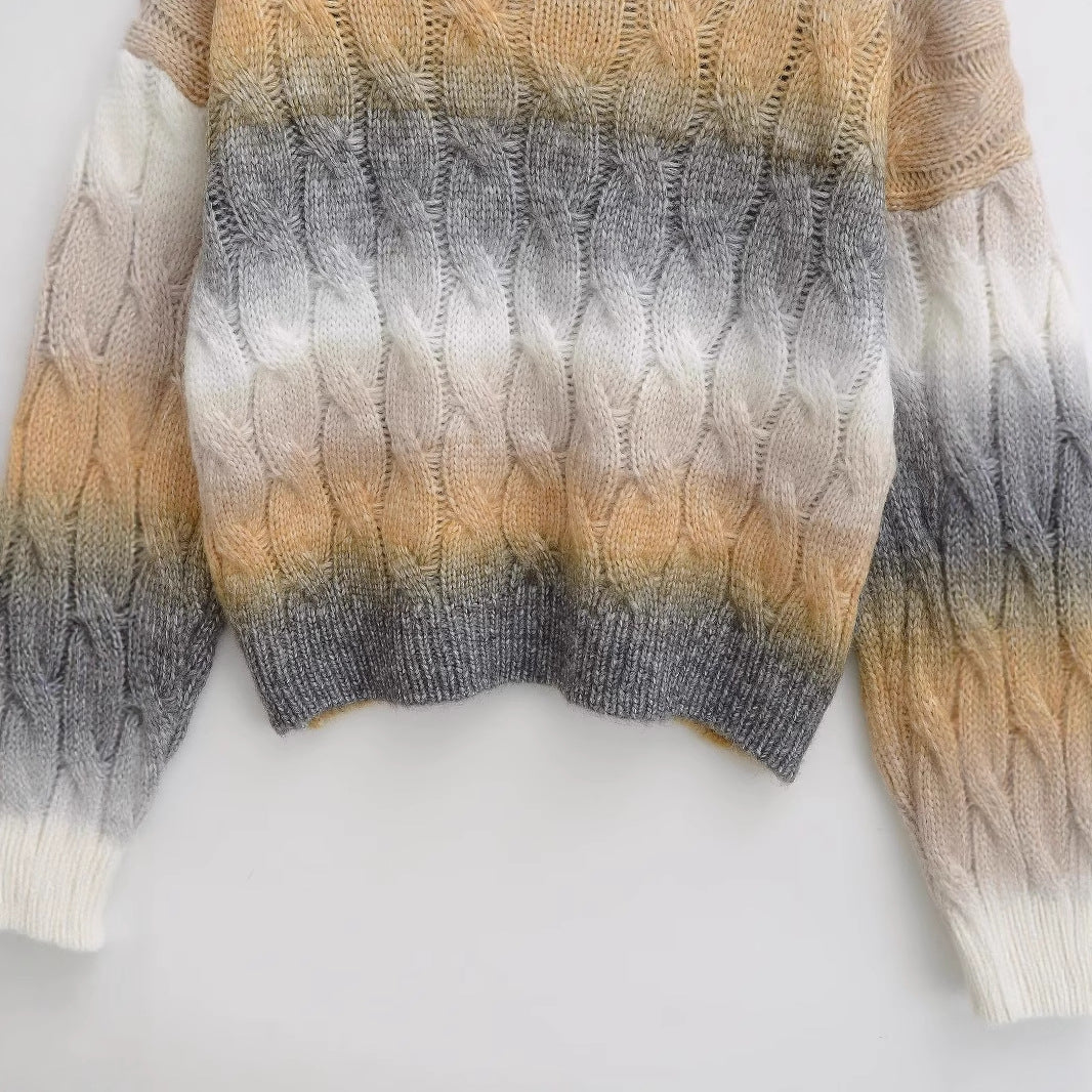 Women's Fashion Gradient Color Round Neck Cable Knit Sweater