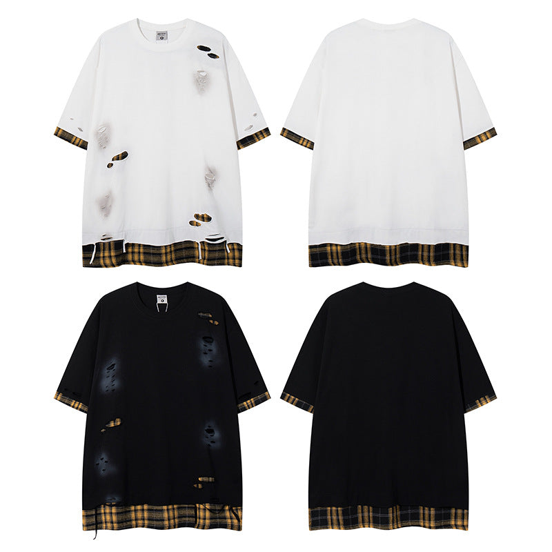 Series Street Trend Fake Two-Piece Plaid Short Sleeve T-Shirt for Men