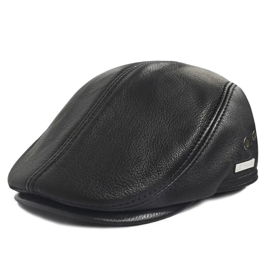 LETHMIK Flat Cap Cabby Hat Genuine Leather Vintage Newsboy Cap Ivy Driving Cap XXL-Black