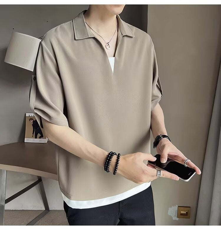 High end V-neck polo shirt for men's summer short sleeved shirt