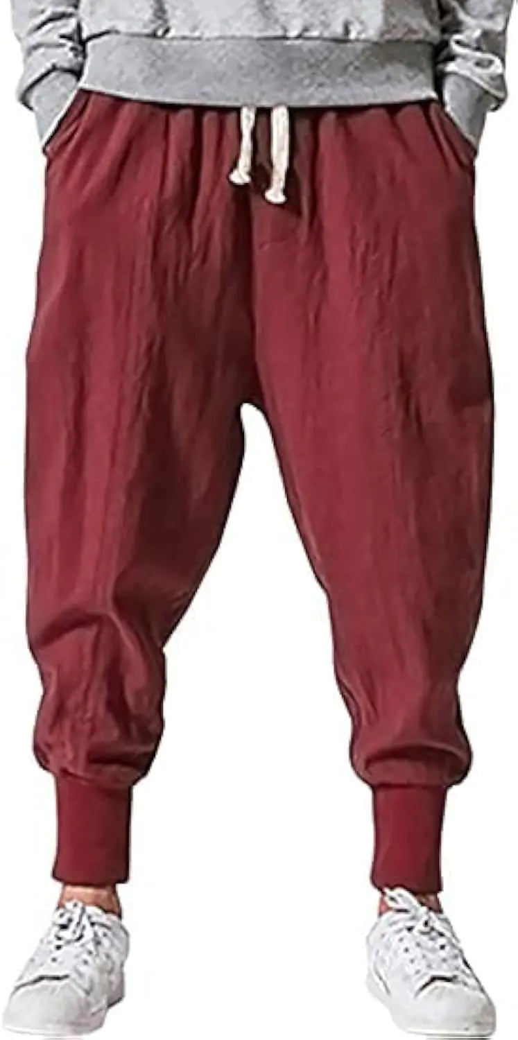 Mens Linen Harem Pants Lightweight Drawstring Elastic Waist Baggy Joggers Casual Cargo Sweatpants Pant Red